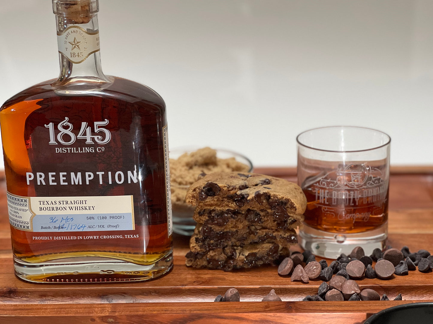 1845 Distilling Company Preemption Texas Straight Bourbon Whiskey Cookie with Chocolate Chips